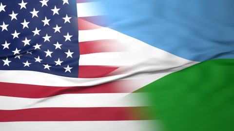 Djibouti National Flag, American flag, flag splitting the screen in halff