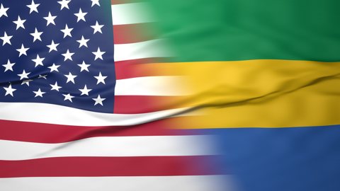 Gabon National Flag, American flag, flag splitting the screen in halff