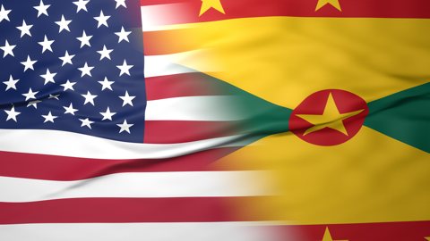 Grenada National Flag, American flag, flag splitting the screen in halff