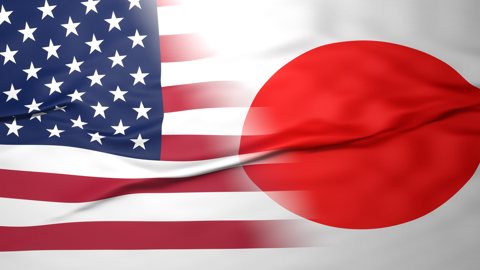 Japan National Flag, American flag, flag splitting the screen in halff