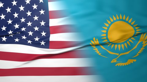 Kazakhstan National Flag, American flag, flag splitting the screen in halff