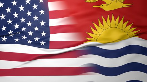 Kiribati National Flag, American flag, flag splitting the screen in halff