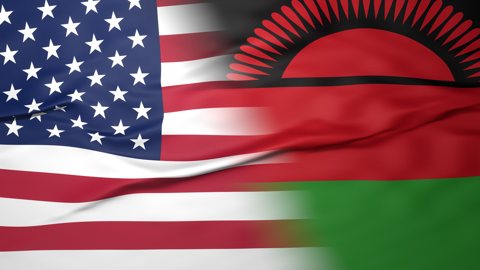 Malawi National Flag, American flag, flag splitting the screen in halff