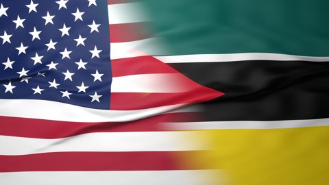 Mozambique National Flag, American flag, flag splitting the screen in halff