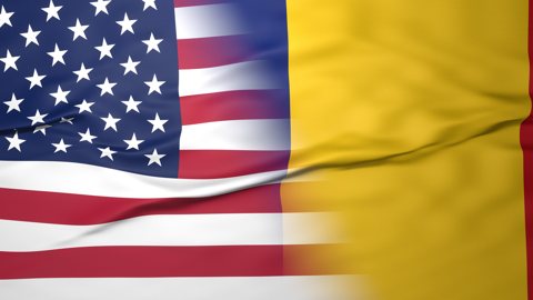 Romania National Flag, American flag, flag splitting the screen in halff