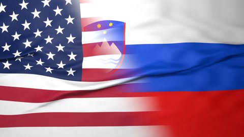 Slovenia National Flag, American flag, flag splitting the screen in halff