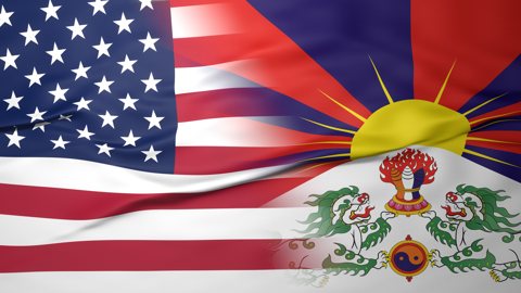 Tibet National Flag, American flag, flag splitting the screen in halff