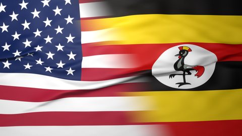 Uganda National Flag, American flag, flag splitting the screen in halff