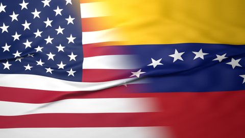 Venezuela National Flag, American flag, flag splitting the screen in halff