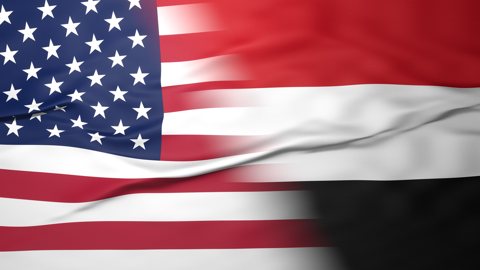 Yemen National Flag, American flag, flag splitting the screen in halff