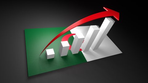 Algeria National Flag, Red arrow and white upward graph rising above the national flag