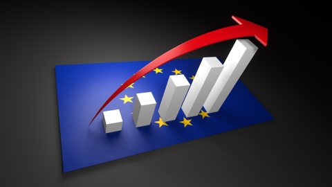 EU National Flag, Red arrow and white upward graph rising above the national flag