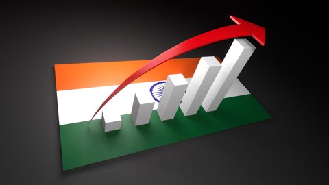 India National Flag, Red arrow and white upward graph rising above the national flag