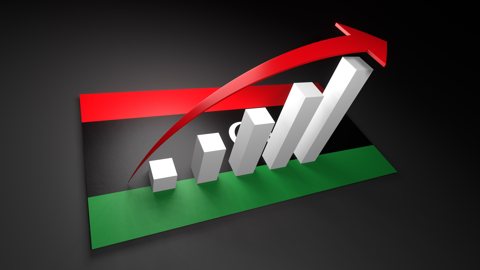 Libya National Flag, Red arrow and white upward graph rising above the national flag