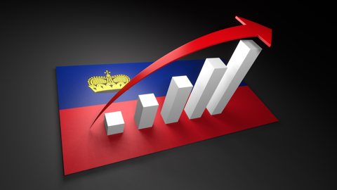 Liechtenstein National Flag, Red arrow and white upward graph rising above the national flag