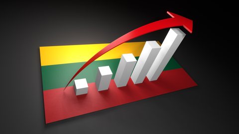 Lithuania National Flag, Red arrow and white upward graph rising above the national flag