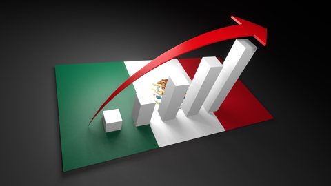 Mexico National Flag, Red arrow and white upward graph rising above the national flag