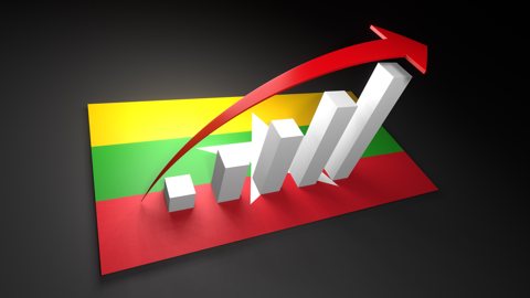 ミャンマー国旗, 国旗の上に湧く赤い矢印と白い上昇グラフ