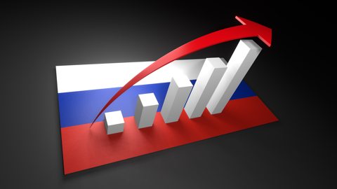 Russia National Flag, Red arrow and white upward graph rising above the national flag