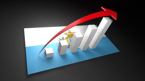 サンマリノ国旗, 国旗の上に湧く赤い矢印と白い上昇グラフ