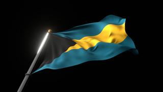 Bahamas National Flag, A fluttering national flag and flagpole viewed from below on a black background