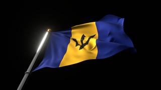 Barbados National Flag, A fluttering national flag and flagpole viewed from below on a black background