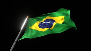 Brazil National Flag, A fluttering national flag and flagpole viewed from below on a black background