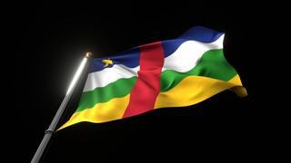 Central-African-Republic National Flag, A fluttering national flag and flagpole viewed from below on a black background