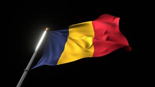 Chad National Flag, A fluttering national flag and flagpole viewed from below on a black background