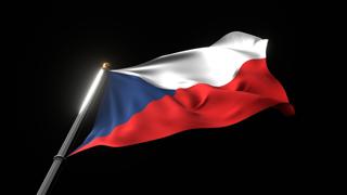 Czech National Flag, A fluttering national flag and flagpole viewed from below on a black background