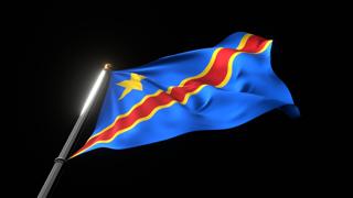 Democratic-Republic-of-the-Congo National Flag, A fluttering national flag and flagpole viewed from below on a black background