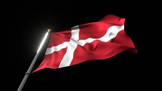 Denmark National Flag, A fluttering national flag and flagpole viewed from below on a black background