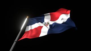 Dominican-Republic National Flag, A fluttering national flag and flagpole viewed from below on a black background