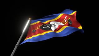 Eswatini National Flag, A fluttering national flag and flagpole viewed from below on a black background