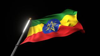 Ethiopia National Flag, A fluttering national flag and flagpole viewed from below on a black background