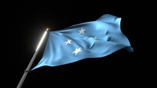 Federated-States-of-Micronesia National Flag, A fluttering national flag and flagpole viewed from below on a black background