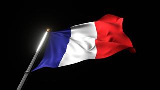 France National Flag, A fluttering national flag and flagpole viewed from below on a black background