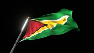 Guyana National Flag, A fluttering national flag and flagpole viewed from below on a black background