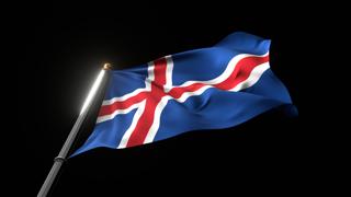 Iceland National Flag, A fluttering national flag and flagpole viewed from below on a black background