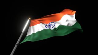 India National Flag, A fluttering national flag and flagpole viewed from below on a black background