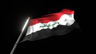 Iraq National Flag, A fluttering national flag and flagpole viewed from below on a black background