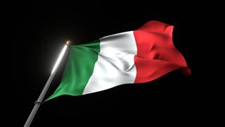 Italy National Flag, A fluttering national flag and flagpole viewed from below on a black background