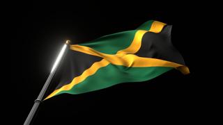 Jamaica National Flag, A fluttering national flag and flagpole viewed from below on a black background