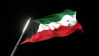 Kuwait National Flag, A fluttering national flag and flagpole viewed from below on a black background