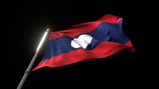 Laos National Flag, A fluttering national flag and flagpole viewed from below on a black background