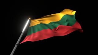 Lithuania National Flag, A fluttering national flag and flagpole viewed from below on a black background