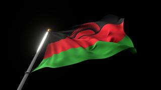 Malawi National Flag, A fluttering national flag and flagpole viewed from below on a black background