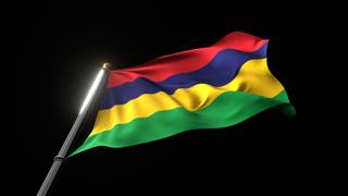 Mauritius National Flag, A fluttering national flag and flagpole viewed from below on a black background