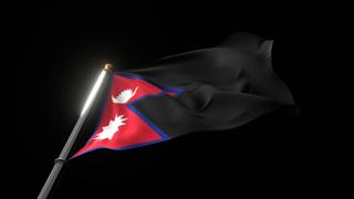 Nepal National Flag, A fluttering national flag and flagpole viewed from below on a black background