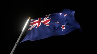 New-Zealand National Flag, A fluttering national flag and flagpole viewed from below on a black background